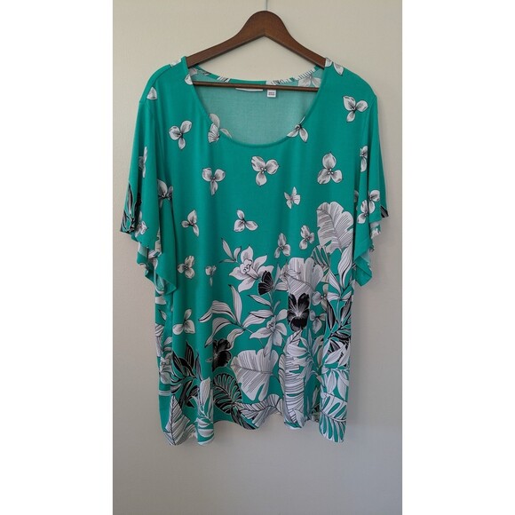 Susan Graver Top 3X Liquid Knit Floral Butterfly Blouse Flutter Sleeve Tropical - Picture 1 of 9